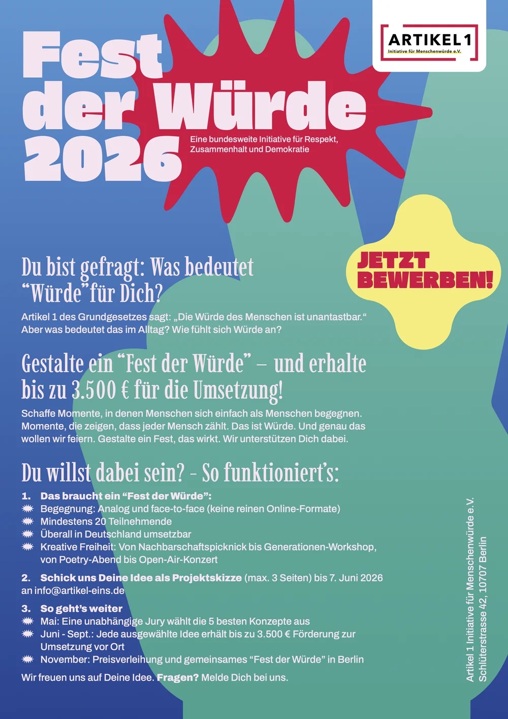 Aufruf zur Aktion: Fest der Würde 2026. Bewirb dich mit deinem Konzept bis zum 7. Juni 2026 und erhalte bis zu 3.500 € Förderung von Artikel 1 e.V.